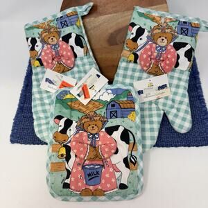 VTG 80s 90s Teddy Bears COW Kitchen Towel Dishcloth Potholder Set Deadstock NOS